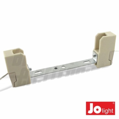 Suporte para lâmpada tubular com terminais em plástico beige e estrutura metálica