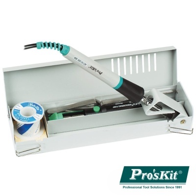 Conjunto de soldador elétrico com suporte metálico cinzento e rolo de solda