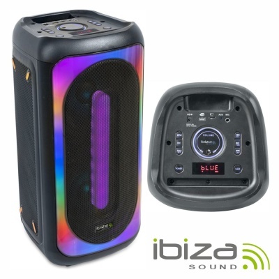 Coluna portátil Ibiza Sound preta com LED colorido e painel de controlo com ecrã digital