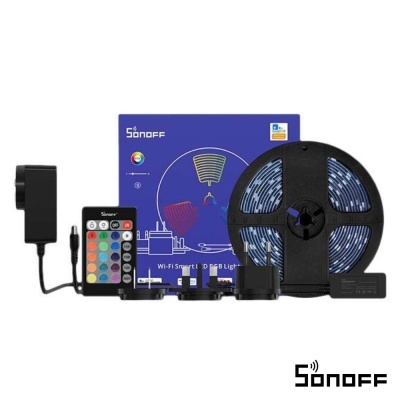 Kit de fita LED RGB SONOFF com acessórios e embalagem azul