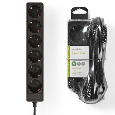 Tomada múltipla preta com 6 entradas e embalagem com extensão de 3 metros