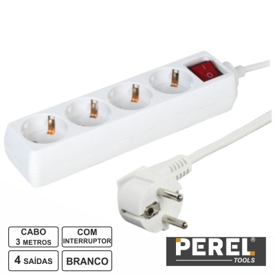 Extensão elétrica branca com 4 tomadas e interruptor vermelho da marca PEREL TOOLS