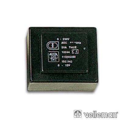Transformador elétrico preto com texto branco e logotipo velleman