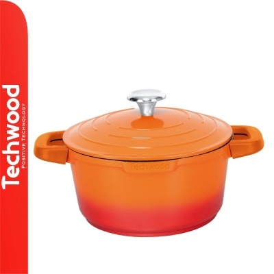 Caçarola de ferro fundido laranja degradação vermelho com tampa e botão metálico.