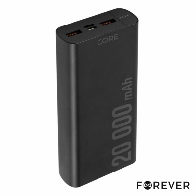 Power bank preto CORE 20 000 mAh com duas portas USB e uma USB-C