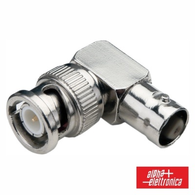 Conector coaxial BNC metálico em ângulo de 90 graus com marca alpha + elettronica