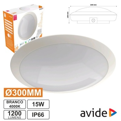 Plafoniera redonda branca Ø300mm 15W 4000K 1200 lumens IP66 marca avide com caixa