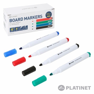 Conjunto de marcadores para quadro branco Platinet em quatro cores com embalagem branca.
