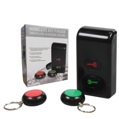 Conjunto Wireless Key Finder preto com botões e dois porta-chaves coloridos, e embalagem com texto bilingue