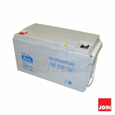 Bateria de acumulação JOIN cinzenta com terminais vermelho e preto e texto azul