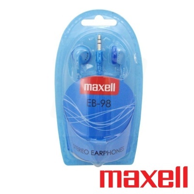 Auriculares estéreo Maxell EB-98 azuis em embalagem de plástico.