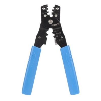 Alicate de corte e descascamento de fios com cabo azul e corpo metálico preto