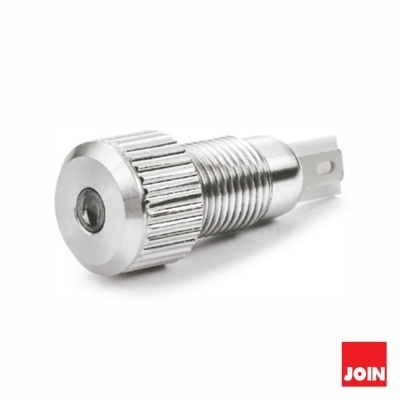 Botão metálico prateado com textura canelada em fundo branco e logotipo JOIN