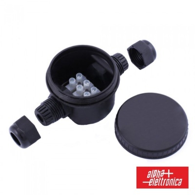 Caixa de junção elétrica preta em plástico com tampa rosqueada e conexões internas