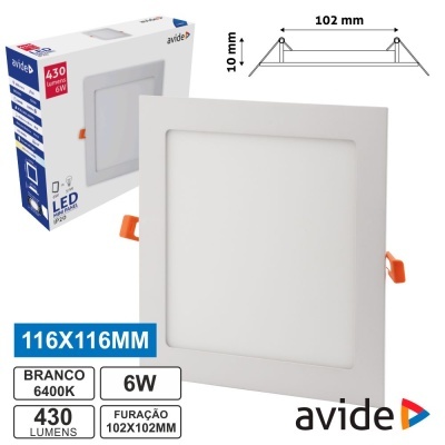 Painel LED branco quadrado Avide com embalagem ao fundo e informações técnicas