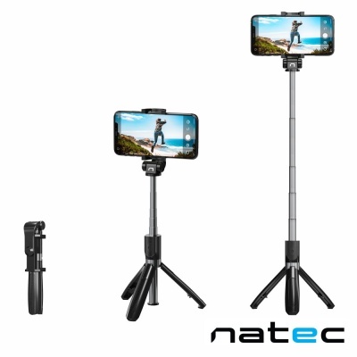 Tripé e suporte extensível preto para smartphone na posição fechada e aberta com telemóvel, com logótipo natec