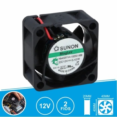 Ventoinha preta quadrada SUNON 12V 40x40x20mm com 2 fios