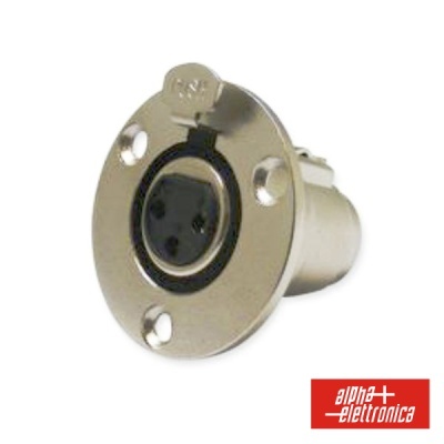 Conector XLR fêmea metálico prateado com tampa protectora e logotipo alpha elettronica
