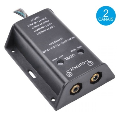 Dispositivo eletrônico preto para áudio com conectores e texto impresso, rótulo azul '2 CANAIS'
