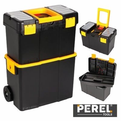 Caixa de ferramentas preta e amarela com rodas da marca PEREL TOOLS
