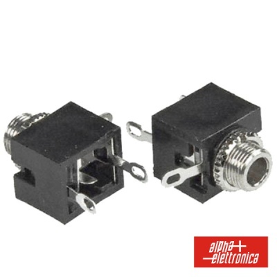 Duas tomadas jack áudio pretas com terminais metálicos prateados e logótipo alpha elettronica