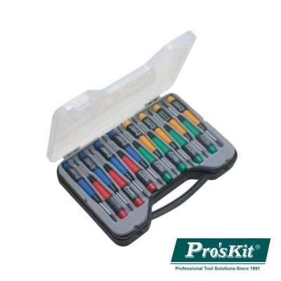 Conjunto de chaves de precisão coloridas num estojo Pro'sKit com tampa transparente