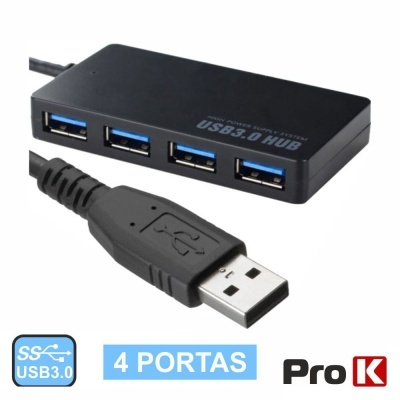 Hub USB 3.0 preto com 4 portas, cabo USB com conector tipo A, texto USB 3.0 HUB, 4 PORTAS e logo Pro K