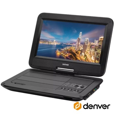 Leitor DVD portátil preto Denver com ecrã aberto a mostrar cidade à noite