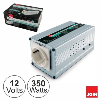 Inversor de corrente elétrica cinza com tomada branca e embalagem da marca JOIN