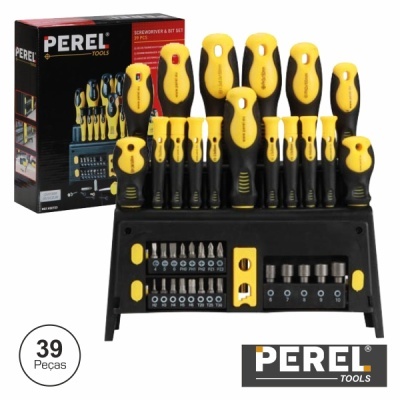 Conjunto de ferramentas Perel com 39 peças e caixa de embalagem preta.