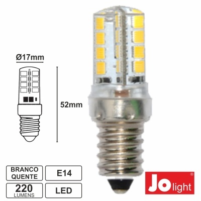 Lâmpada LED E14 branca quente de 52mm com base metálica prateada e chips LED amarelos