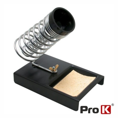 Suporte preto para ferro de soldar com mola metálica e almofada amarela de limpeza