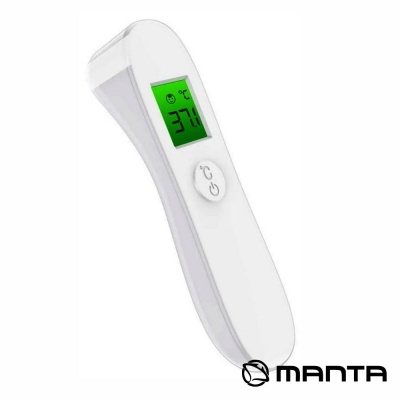 Termómetro digital sem contacto branco com visor verde a mostrar 37.1°C