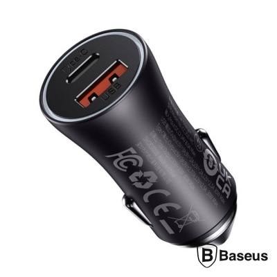 Carregador veicular Baseus preto com USB e USB-C