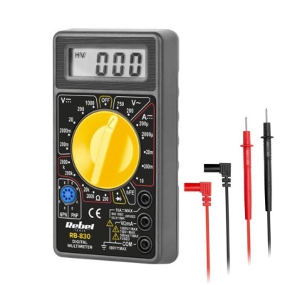 Multímetro digital preto com seletor amarelo e dois fios de teste vermelho e preto