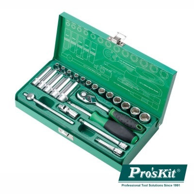 Conjunto de ferramentas Pro'sKit em caixa verde com várias peças metálicas organizadas.