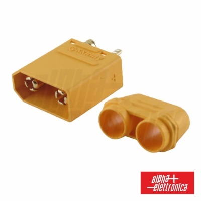 Conector elétrico amarelo com duas partes distintes em fundo branco e logótipo alpha elettronica em vermelho