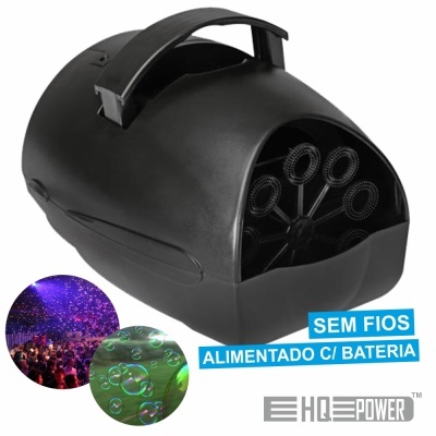 Máquina de bolhas preta wireless com bateria e pega dobrável, texto SEM FIOS ALIMENTADO C/ BATERIA