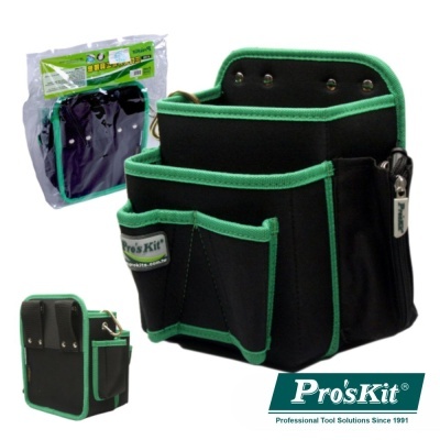 Bolsa porta-ferramentas preta com acabamento verde e vários bolsos