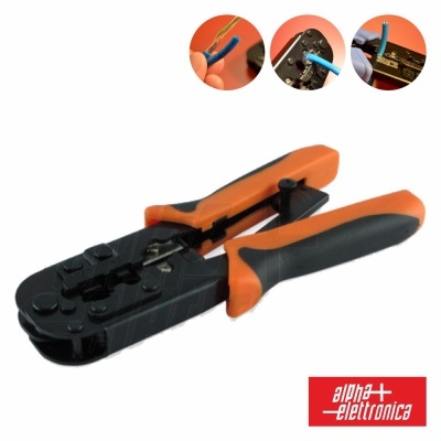 Alicate crimpatador preto e laranja com punhos ergonómicos e logótipo ALPHA + ELETTRONICA.