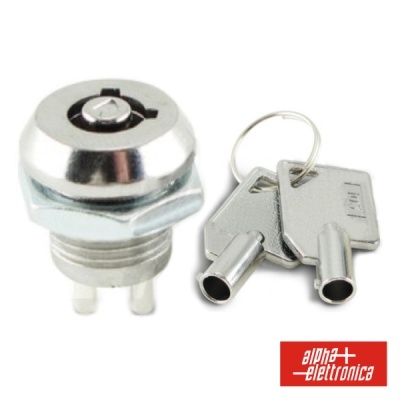 Fecho metálico com duas chaves e logótipo alpha elettronica