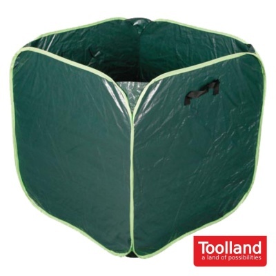 Estrutura dobrável hexagonal verde escura com contornos claros e alças pretas, logótipo Toolland