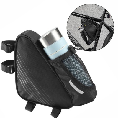 Bolsa para bicicleta preta triangular com bolso para garrafa azul clara em rede e correias de velcro