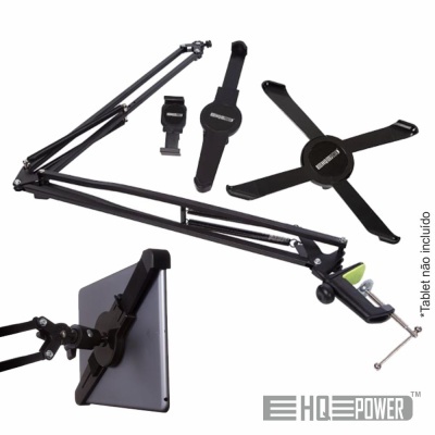 suporte ajustável preto para tablet com pulseira e clipe