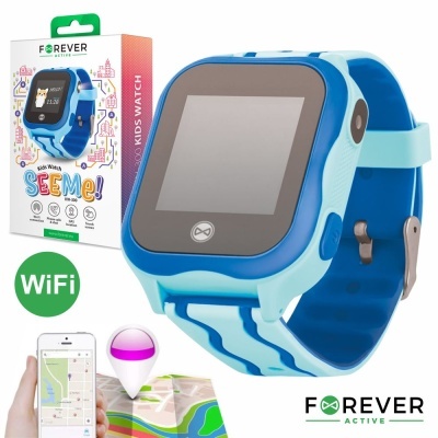 Relógio inteligente infantil azul FOREVER SEEME! com embalagem e ícone WiFi