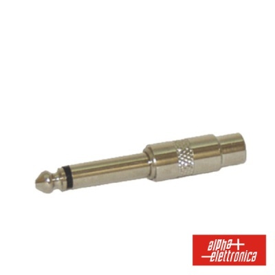 Adaptador áudio metálico prateado com anel preto e logótipo alpha + elettronica