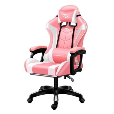 Cadeira gamer rosa e branca com base preta e rodízios