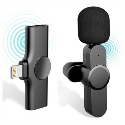 Microfone portátil preto com conector Lightning e espuma protetora preta