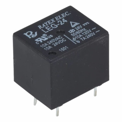 Relé preto quadrado RAYEX ELEC. LEG-24 com pinos metálicos e texto branco