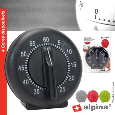 temporizador de cozinha Alpina preto com escala 0 a 60 minutos e ponteiro